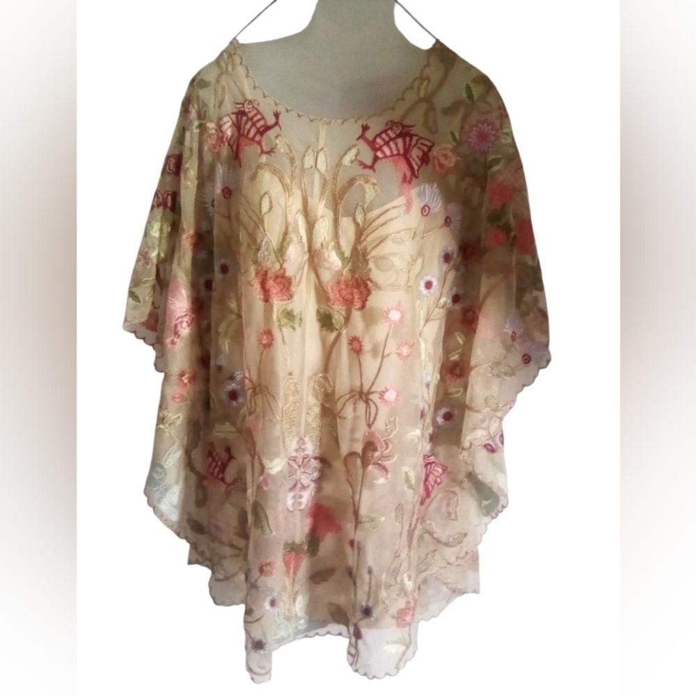 Tolani Sheer Floral Embroidered Tunic Dress Boho Kimono Sleeve size Small